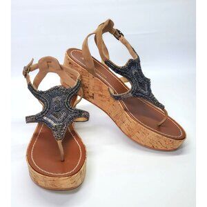 Anthropologie Women's Metallic Beaded Cork Platform Sandals Size 39 (9) 1446